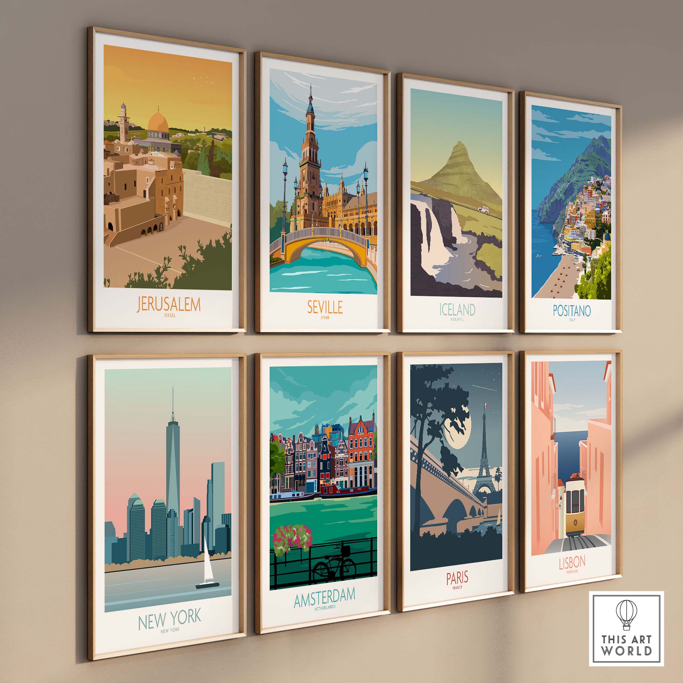 Collection of vintage travel posters featuring Jerusalem, Seville, Iceland, and more in a minimalist style.