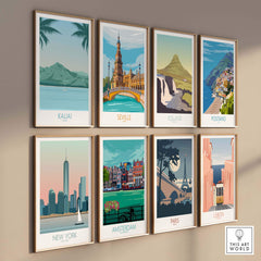 Collection of vintage travel posters featuring Kauai, Seville, Iceland, Positano, New York, Amsterdam, Paris, and Lisbon.