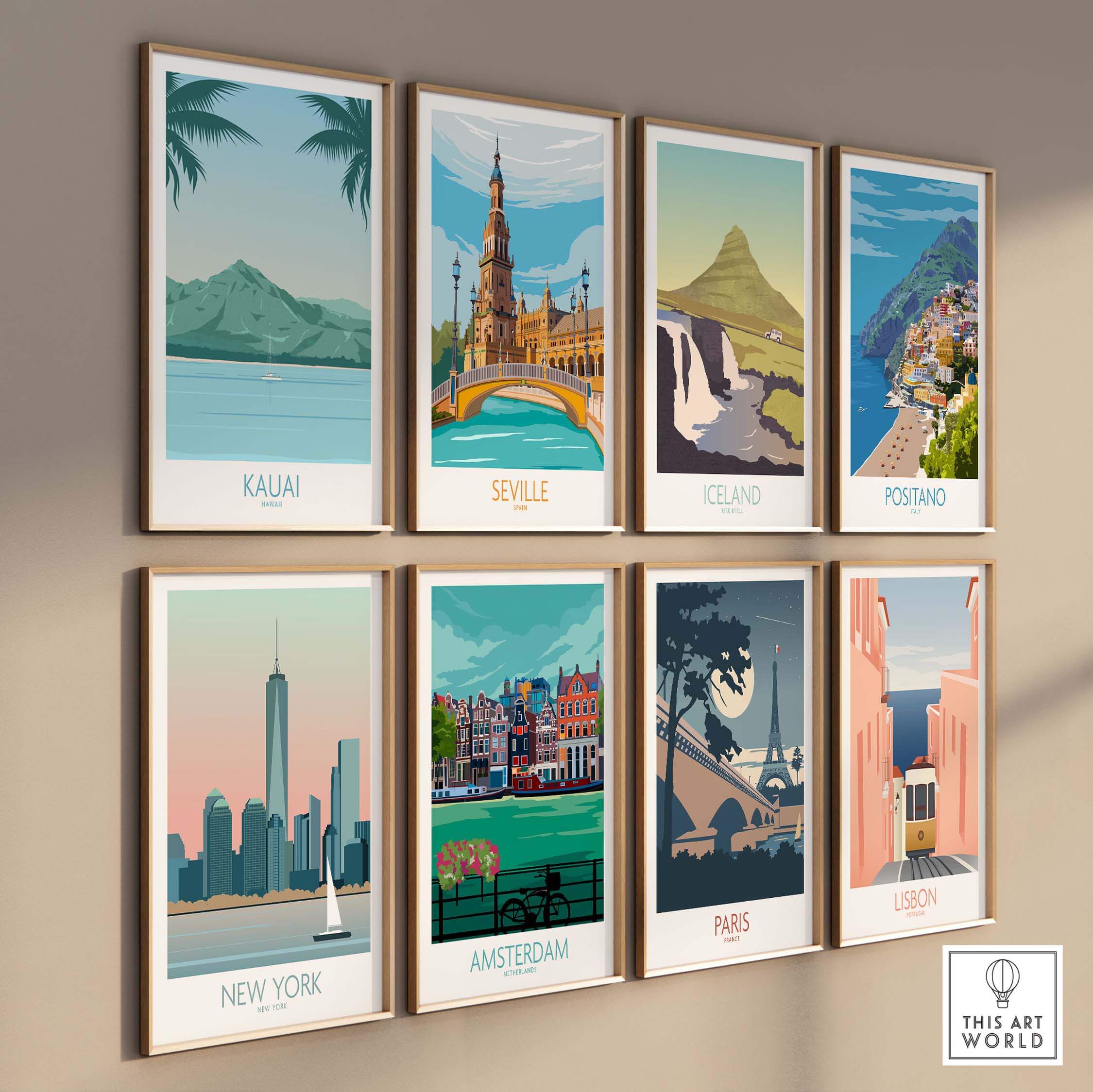 Collection of vintage travel posters featuring Kauai, Seville, Iceland, Positano, New York, Amsterdam, Paris, and Lisbon.