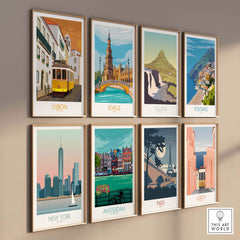 Collection of vintage travel posters including Lisbon, Seville, Iceland, and Paris, stylish wall art for home decor.