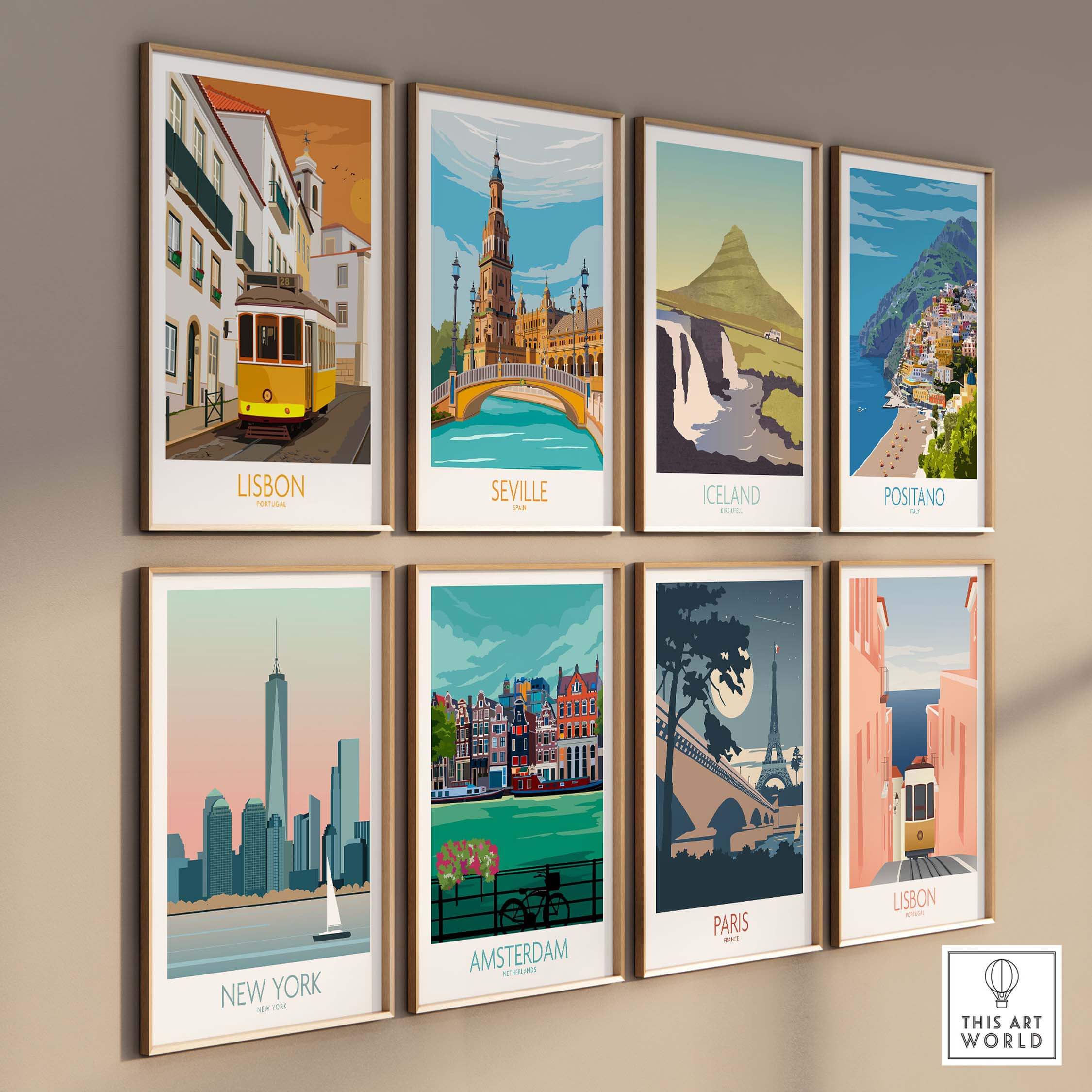 Collection of vintage travel posters including Lisbon, Seville, Iceland, and Paris, stylish wall art for home decor.