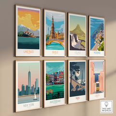 Collection of vintage travel posters featuring Lake Bled, Seville, Iceland, Positano, New York, Amsterdam, Paris, and Lisbon.