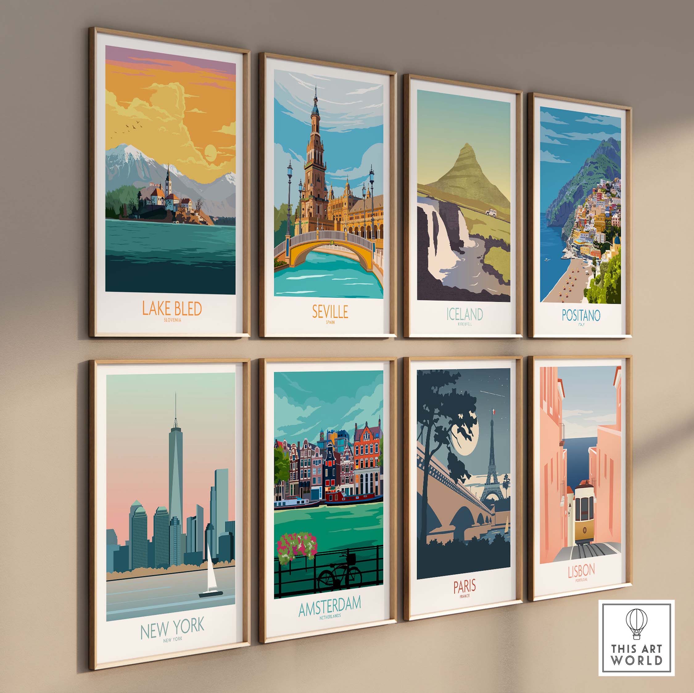Collection of vintage travel posters featuring Lake Bled, Seville, Iceland, Positano, New York, Amsterdam, Paris, and Lisbon.
