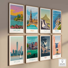 Collection of vintage travel posters featuring Lake Como, Seville, Iceland, Positano, New York, Amsterdam, Paris, and Lisbon.