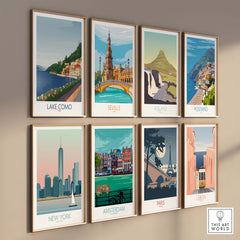 Collage of vintage travel posters, including Lake Como, Seville, Iceland, Positano, New York, Amsterdam, Paris, and Lisbon.