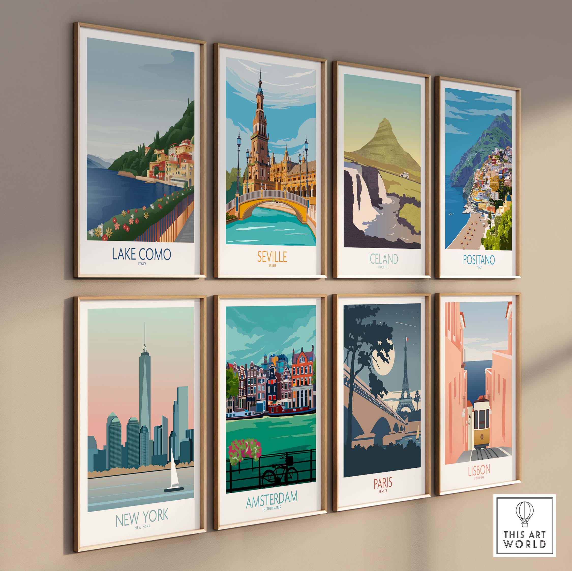 Collage of vintage travel posters, including Lake Como, Seville, Iceland, Positano, New York, Amsterdam, Paris, and Lisbon.