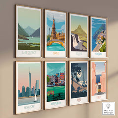 Vintage travel posters featuring Lake District, Seville, Iceland, Positano, New York, Amsterdam, Paris, Lisbon.