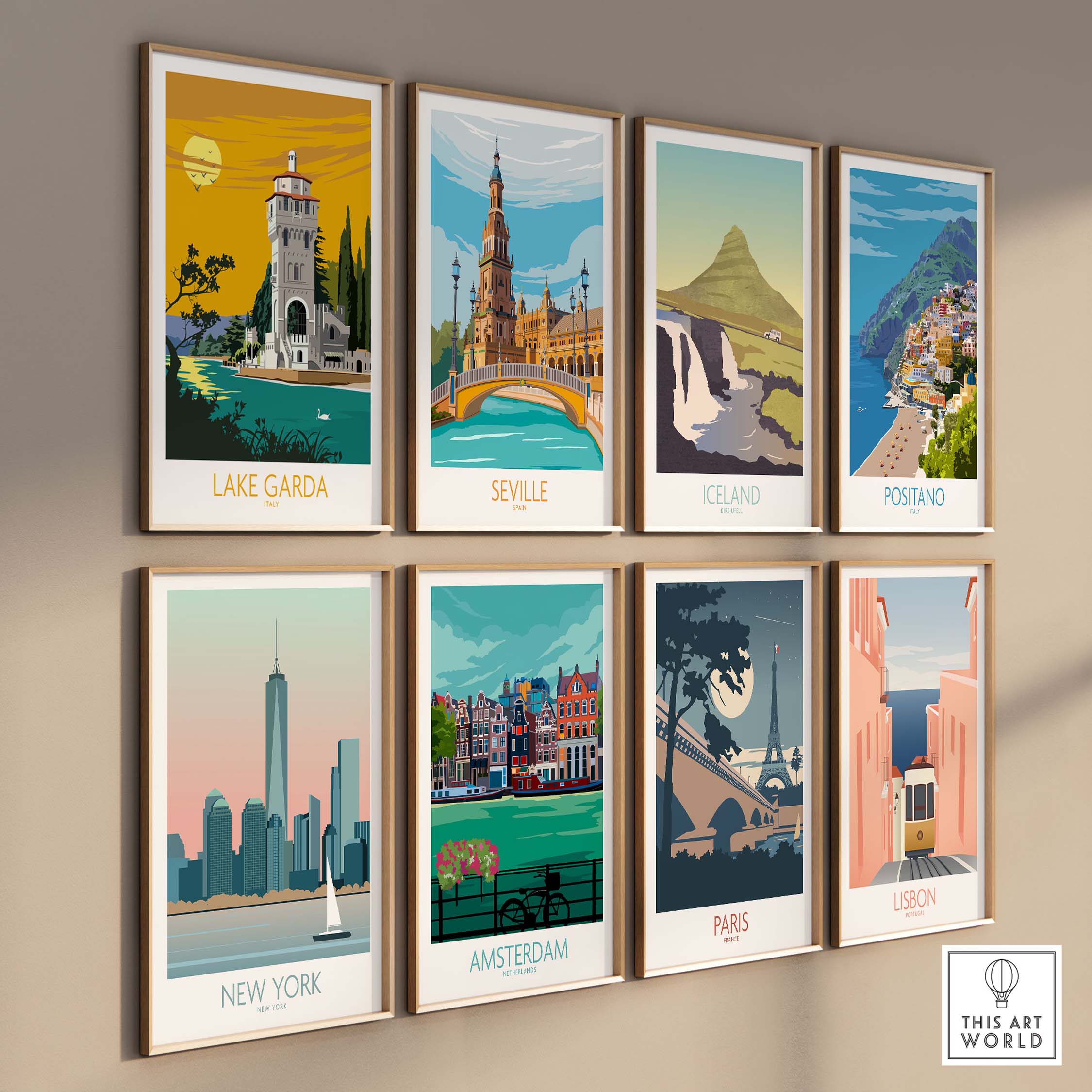Collection of vintage travel poster prints including Lake Garda, Seville, Iceland, and more, displayed on a wall.