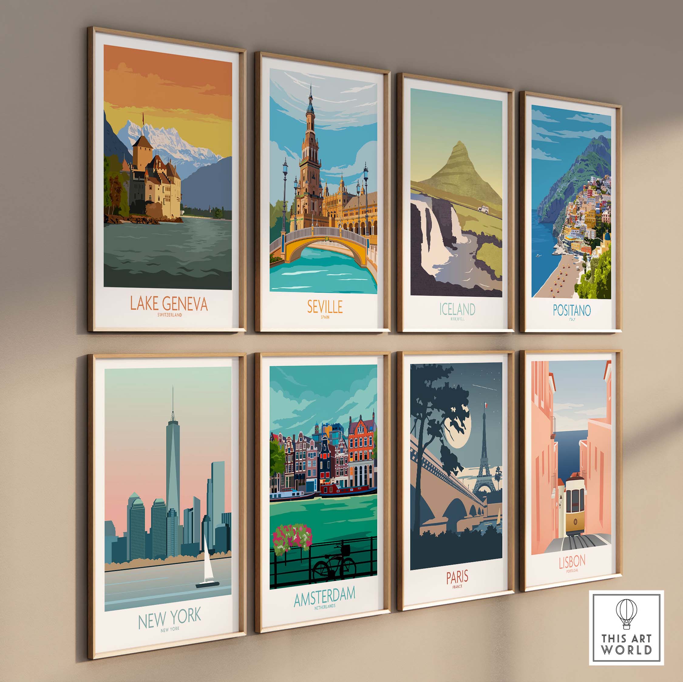 Collection of vintage travel posters including Lake Geneva, Seville, Iceland, Positano, New York, Amsterdam, Paris, and Lisbon.
