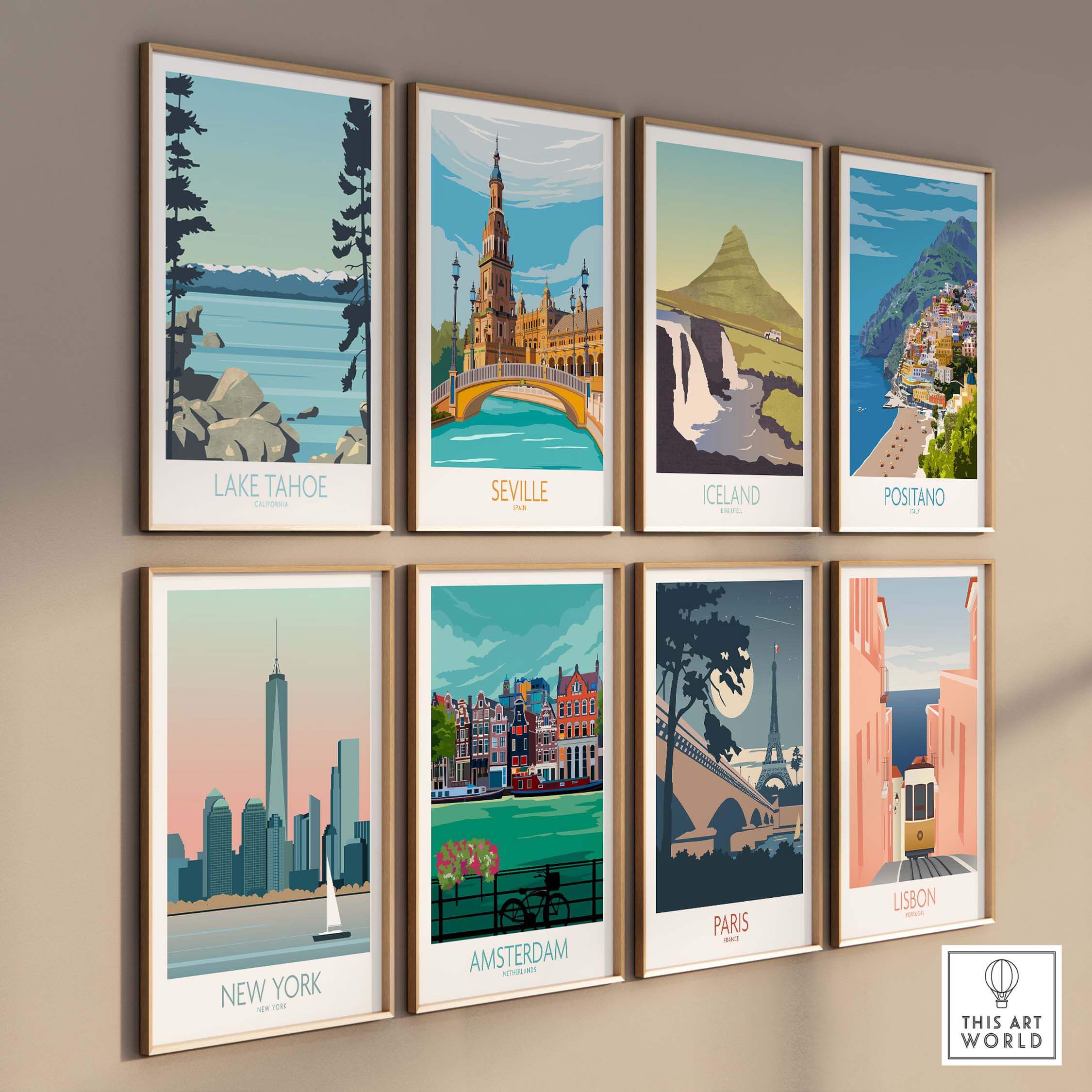 A collection of vintage-inspired travel prints featuring Lake Tahoe, Seville, Iceland, New York, and more, hung on a wall.