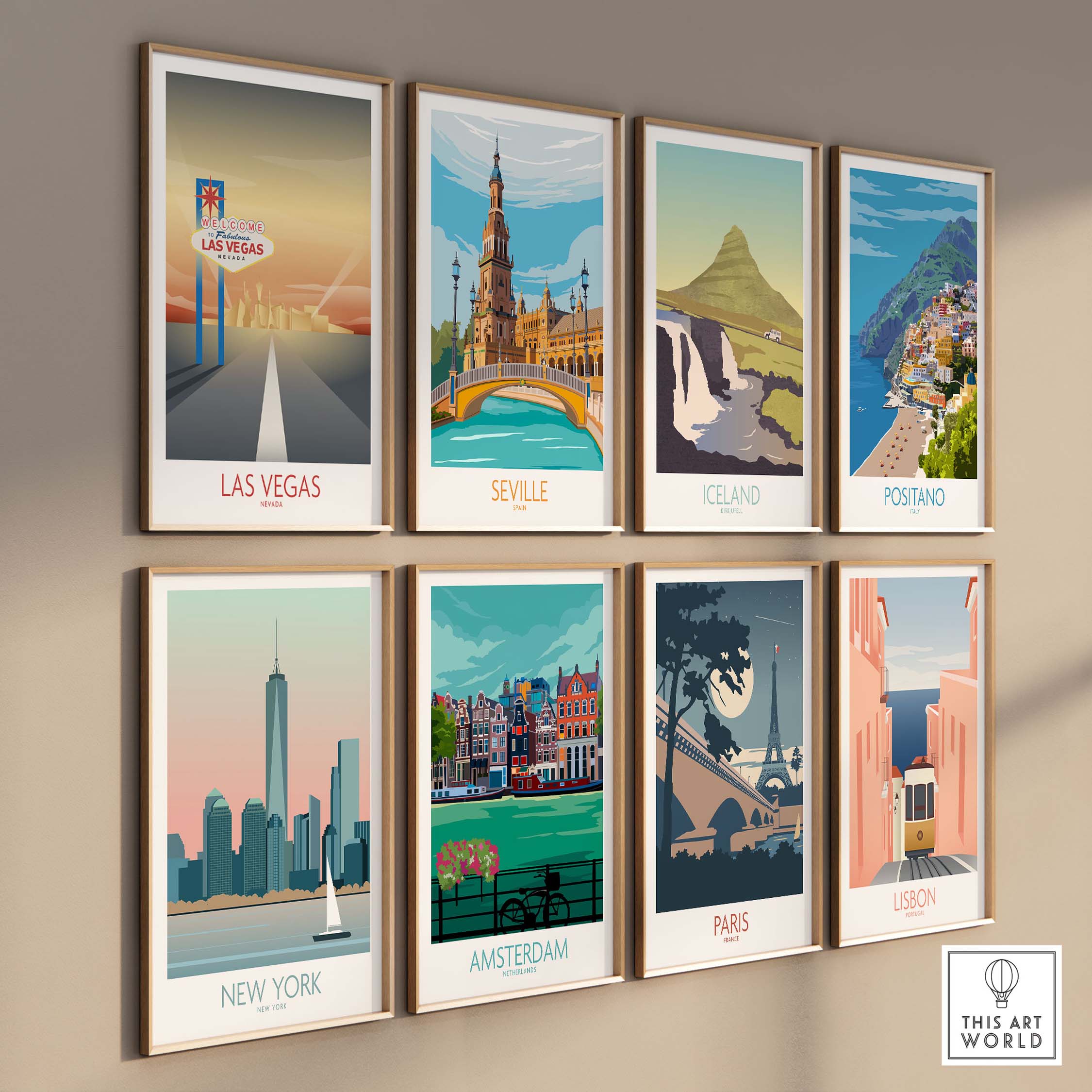Colorful travel art prints including Las Vegas, Seville, Iceland, and more displayed on a wall.