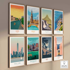 Gallery of vintage travel posters featuring Leeds, Seville, Iceland, Positano, New York, Amsterdam, Paris, and Lisbon.