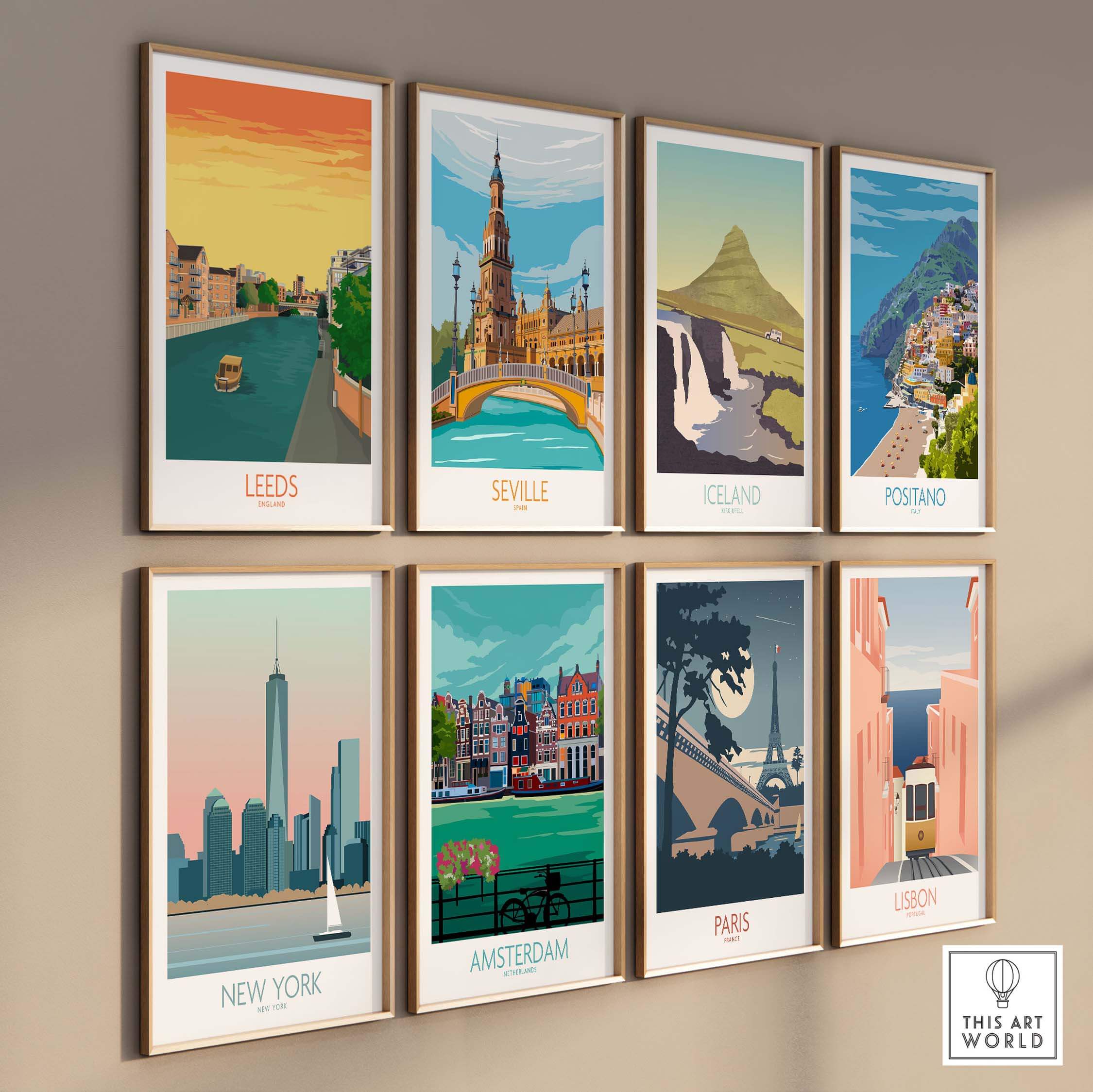 Gallery of vintage travel posters featuring Leeds, Seville, Iceland, Positano, New York, Amsterdam, Paris, and Lisbon.