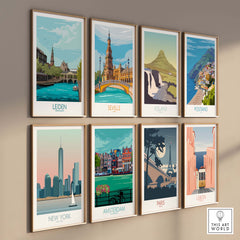 Collection of vintage travel posters featuring Leiden, Seville, Iceland, Positano, New York, Amsterdam, Paris, and Lisbon.