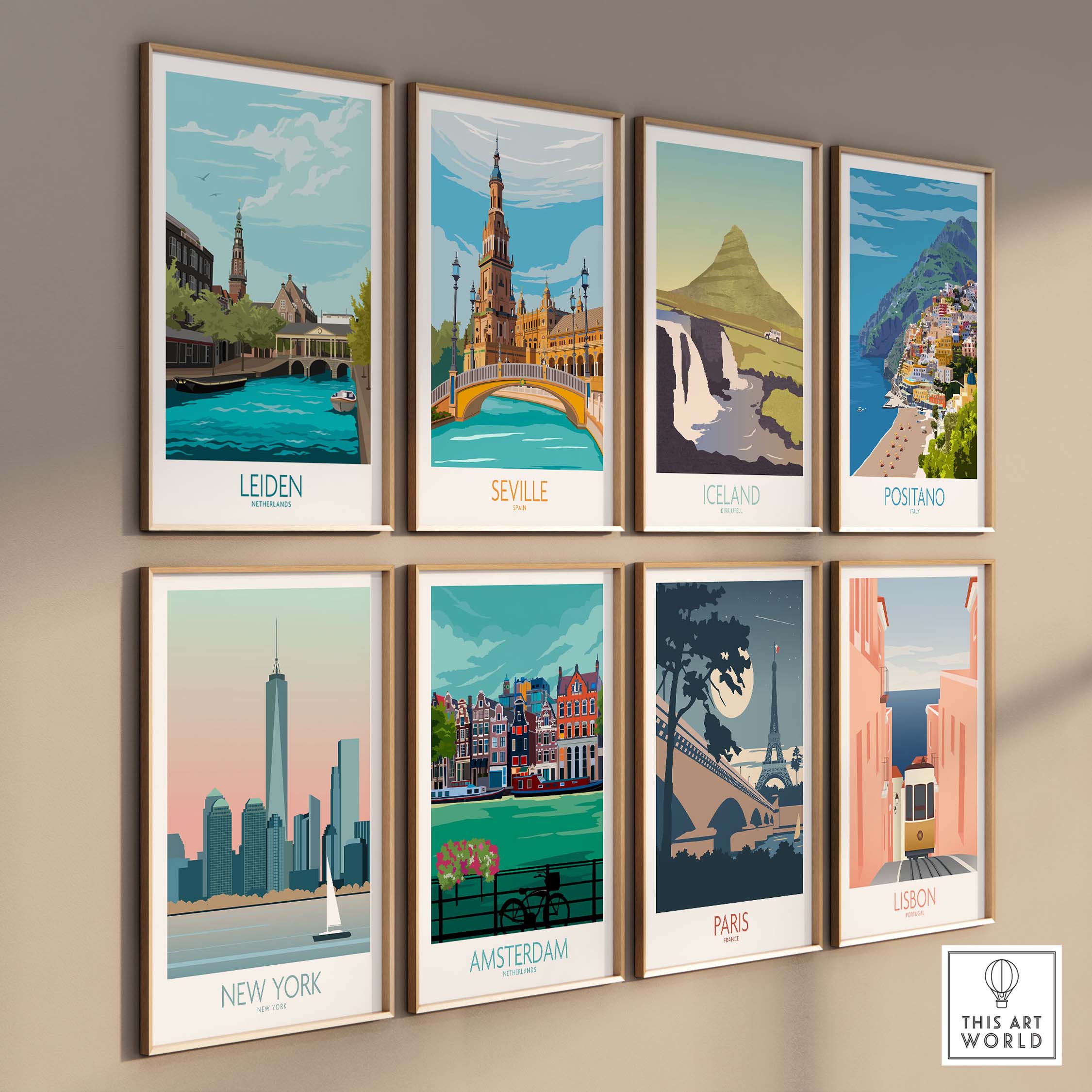 Collection of vintage travel posters featuring Leiden, Seville, Iceland, Positano, New York, Amsterdam, Paris, and Lisbon.
