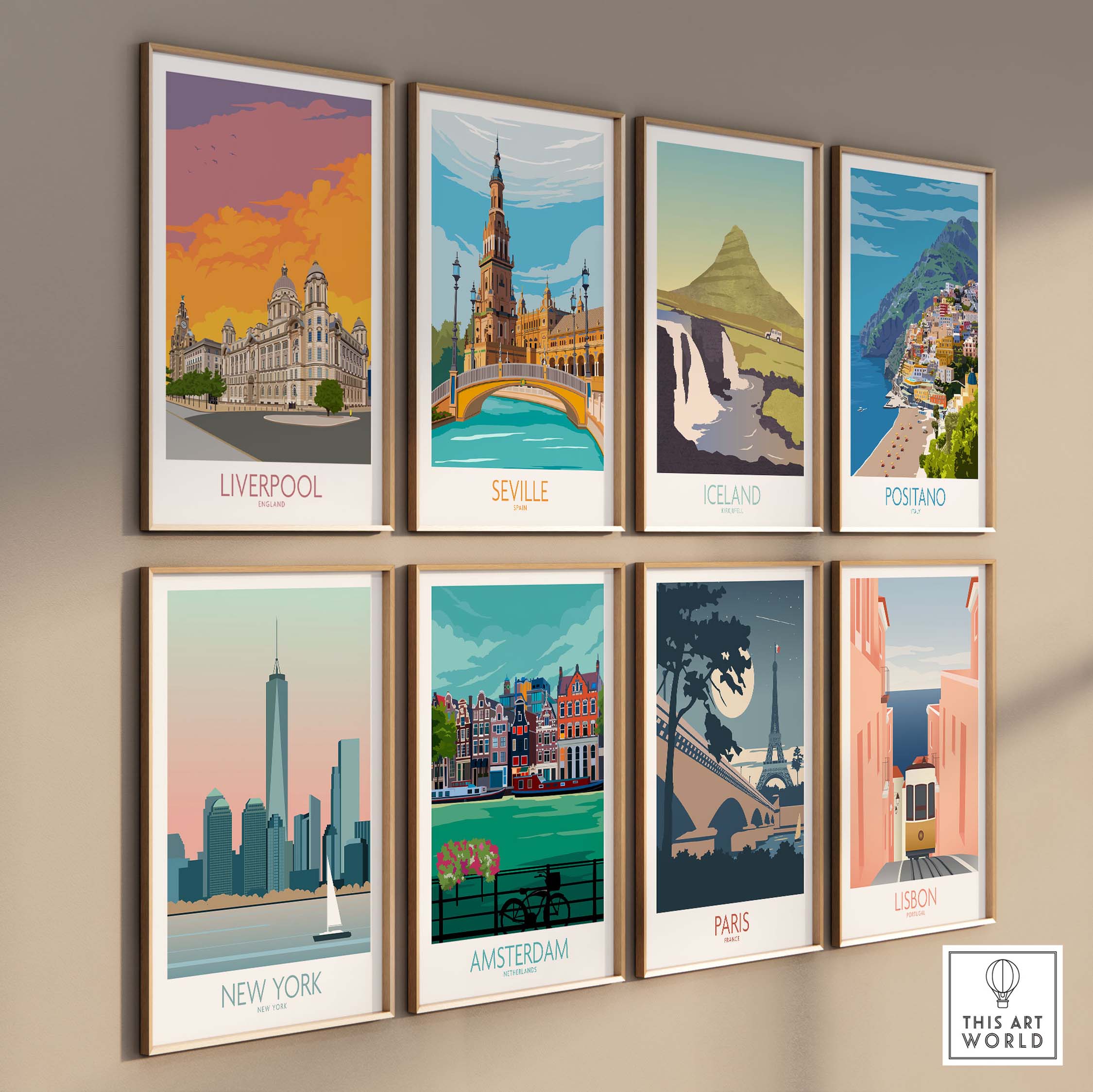 Collection of vibrant travel poster prints featuring Liverpool, Seville, Iceland, and more for home decor.