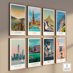 Collection of vintage travel posters including Loch Ness, Seville, Iceland, and Paris, showcasing beautiful landscapes.