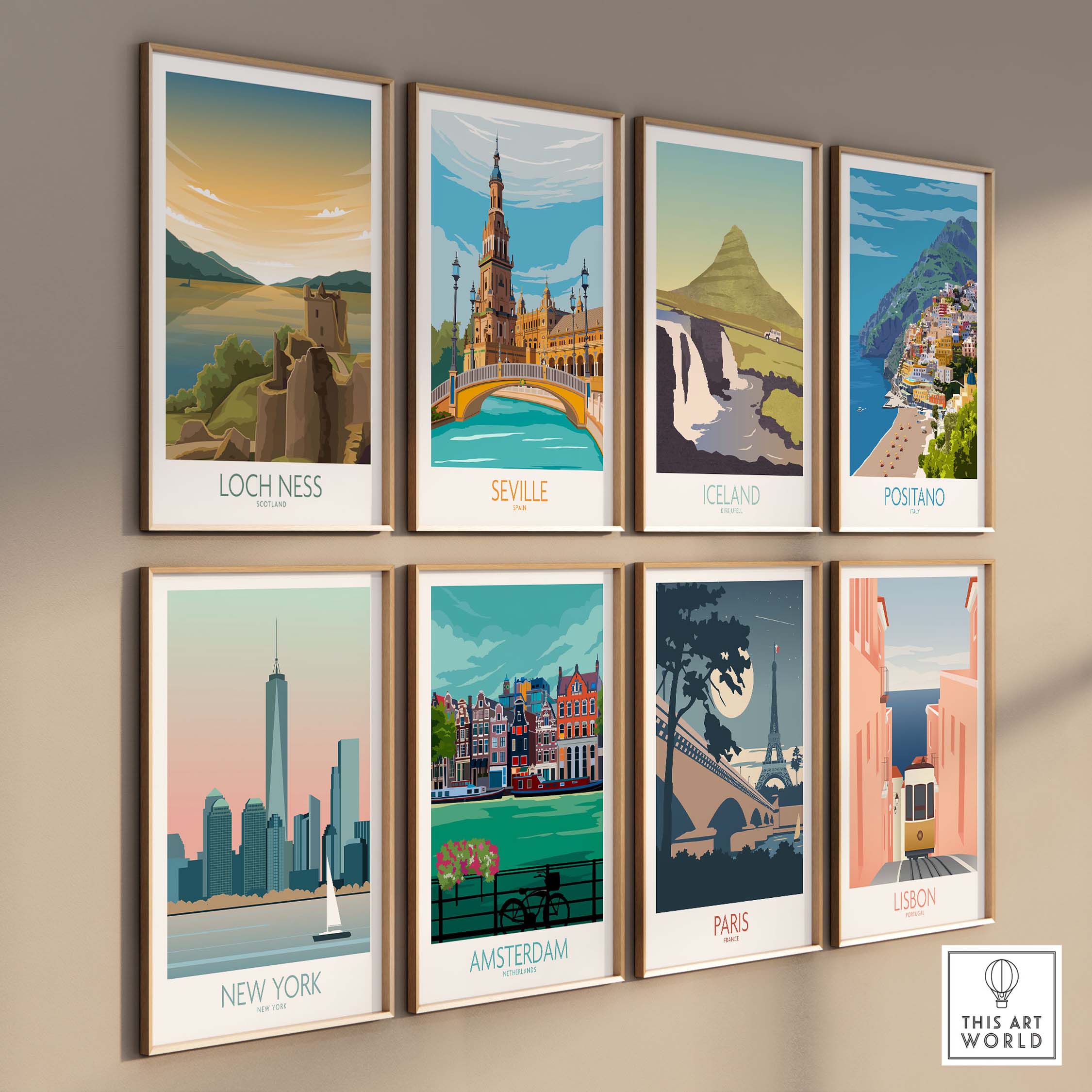 Collection of vintage travel posters including Loch Ness, Seville, Iceland, and Paris, showcasing beautiful landscapes.