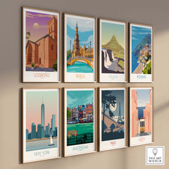 Gallery of framed travel posters featuring Logrono, Seville, Iceland, Positano, New York, Amsterdam, Paris, and Lisbon.