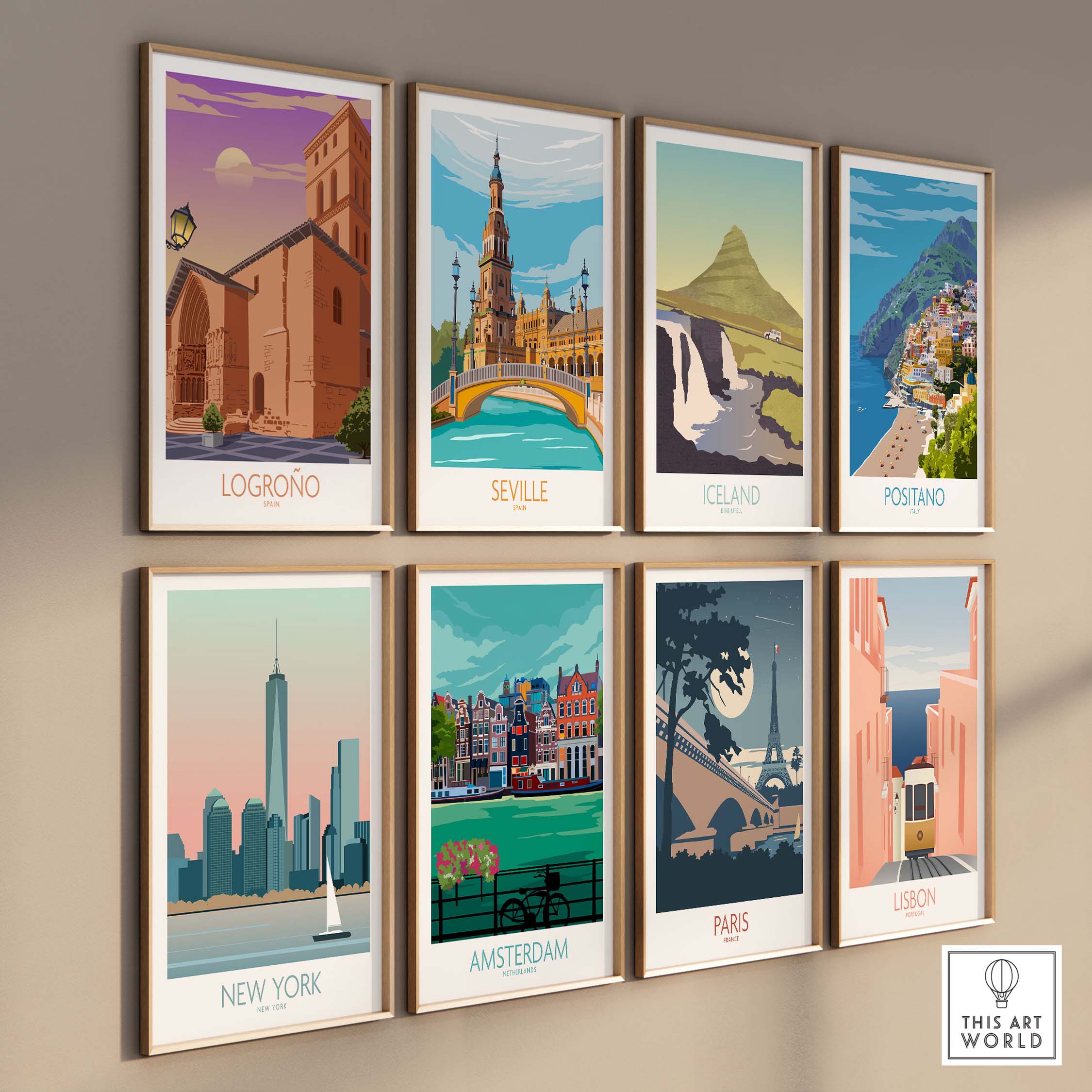 Gallery of framed travel posters featuring Logrono, Seville, Iceland, Positano, New York, Amsterdam, Paris, and Lisbon.