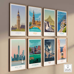 Collection of vintage travel posters featuring London, Seville, Iceland, Positano, New York, Amsterdam, Paris, and Lisbon.