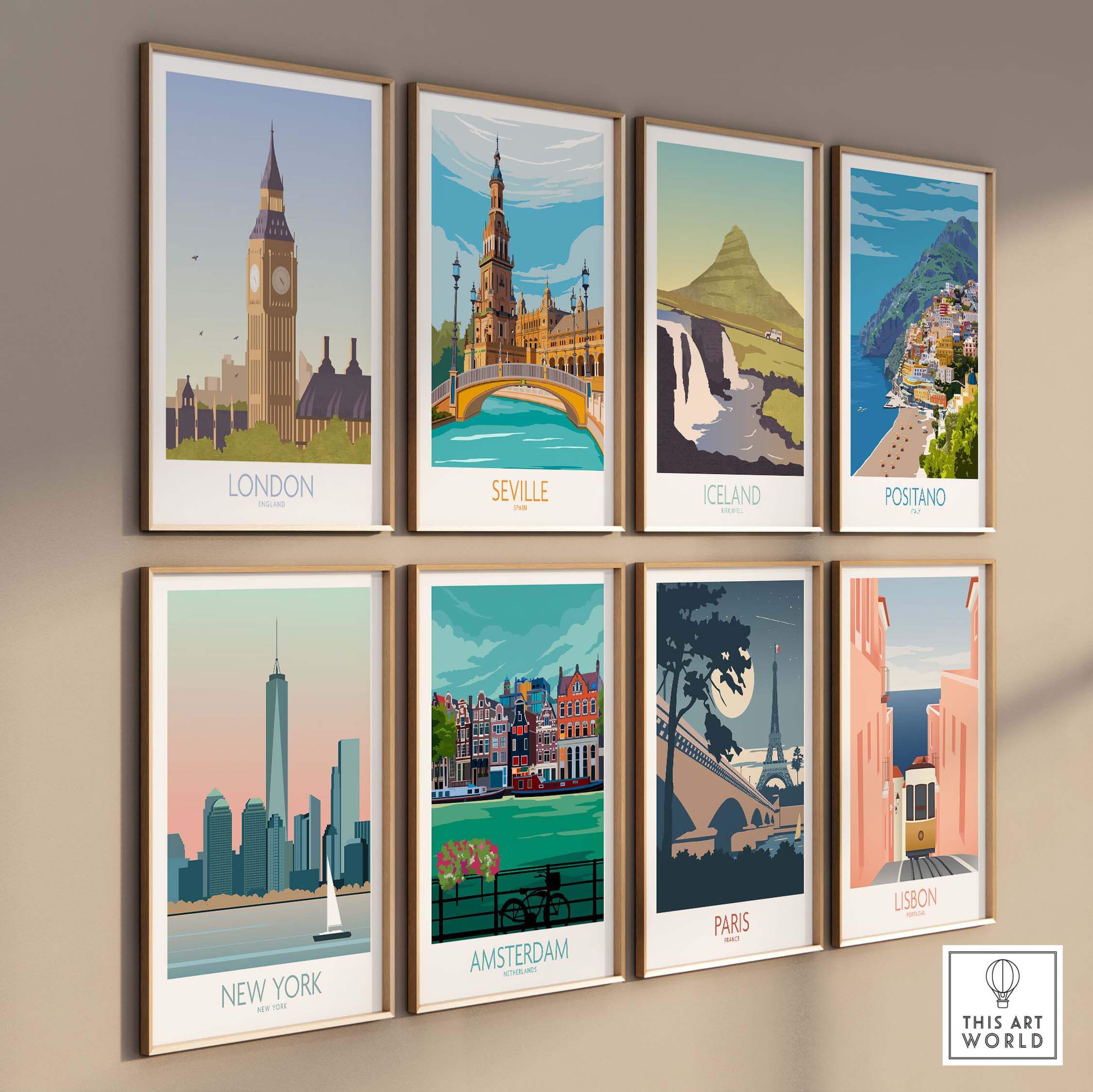 Collection of vintage travel posters featuring London, Seville, Iceland, Positano, New York, Amsterdam, Paris, and Lisbon.