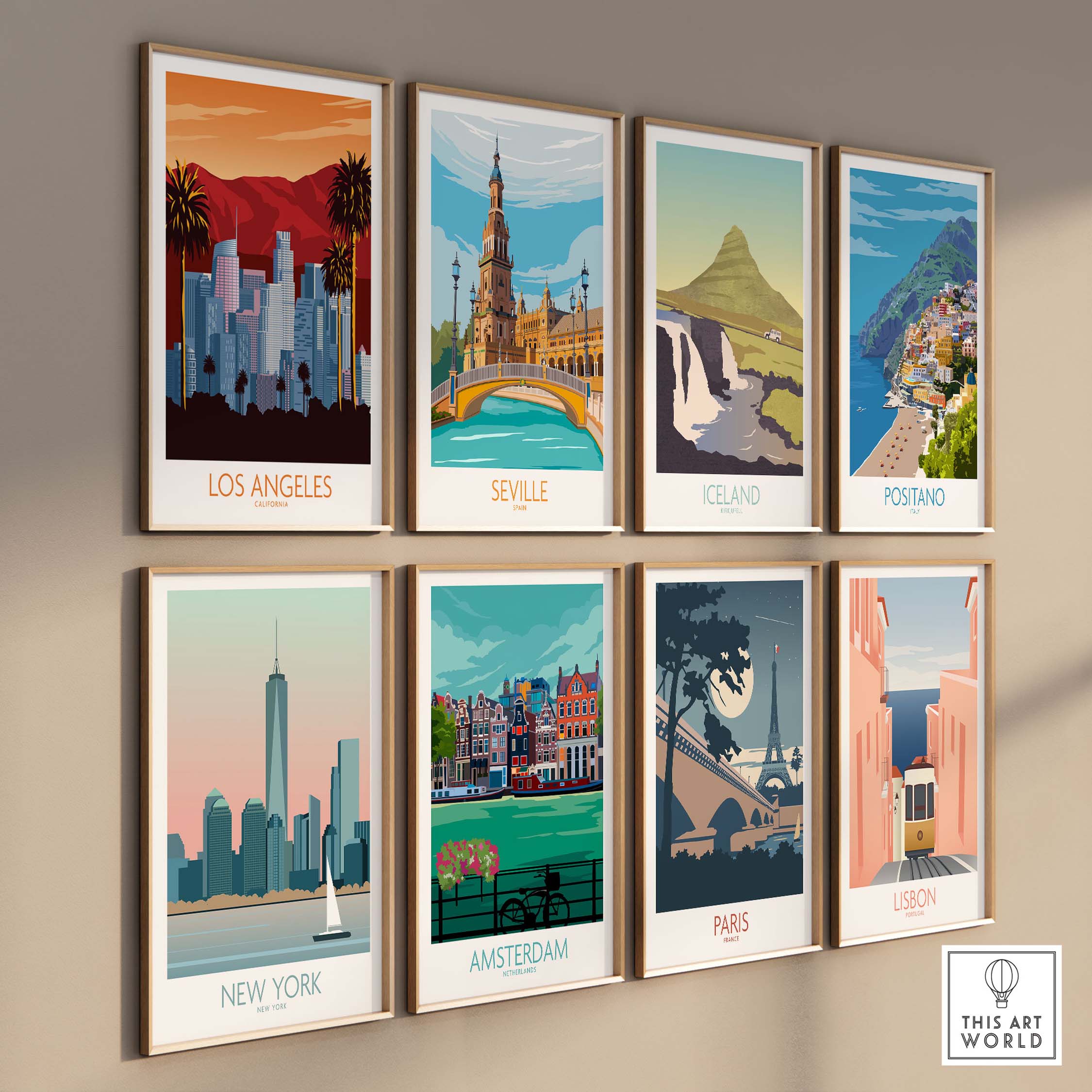 Gallery of travel posters featuring Los Angeles, Seville, Iceland, Positano, New York, Amsterdam, Paris, and Lisbon.