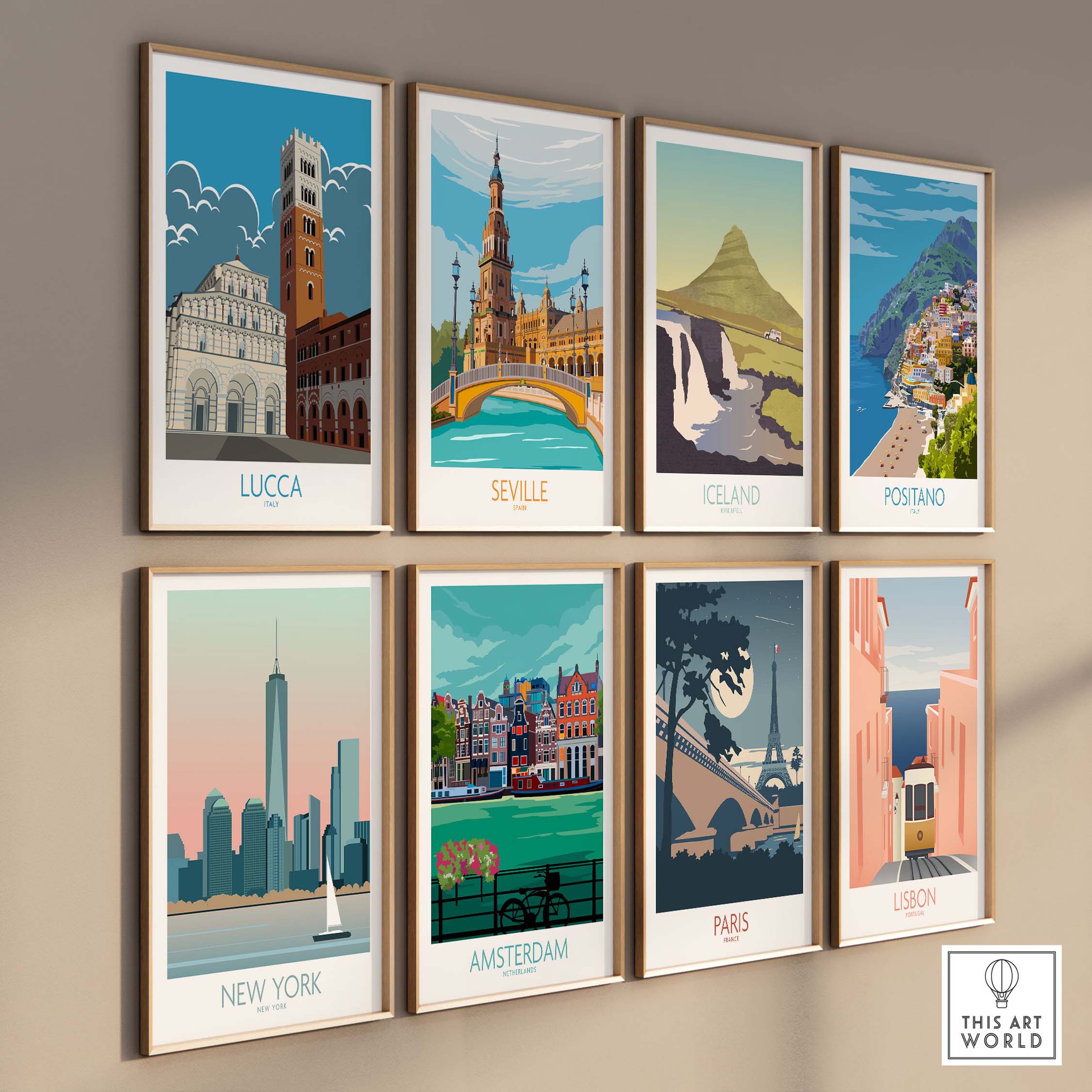 Gallery of vintage travel posters including Lucca, Seville, Iceland, and Paris.