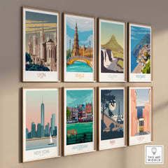 Collection of vintage travel posters including Lyon, Seville, Iceland, and Paris wall art designs.