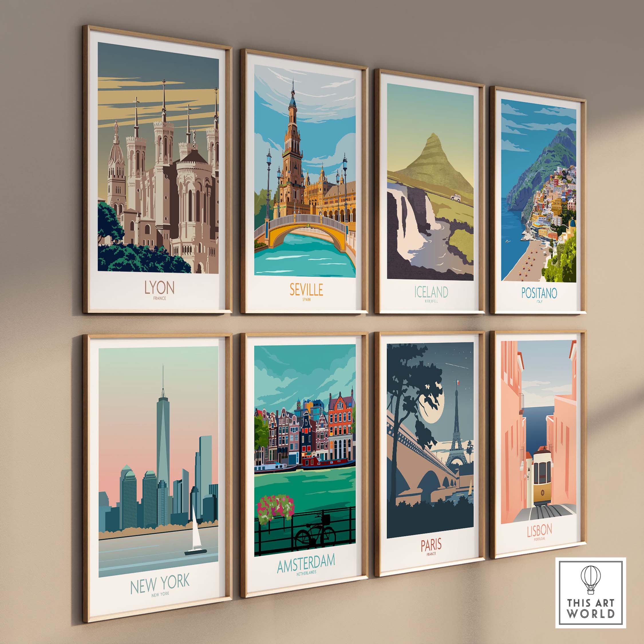 Collection of vintage travel posters including Lyon, Seville, Iceland, and Paris wall art designs.
