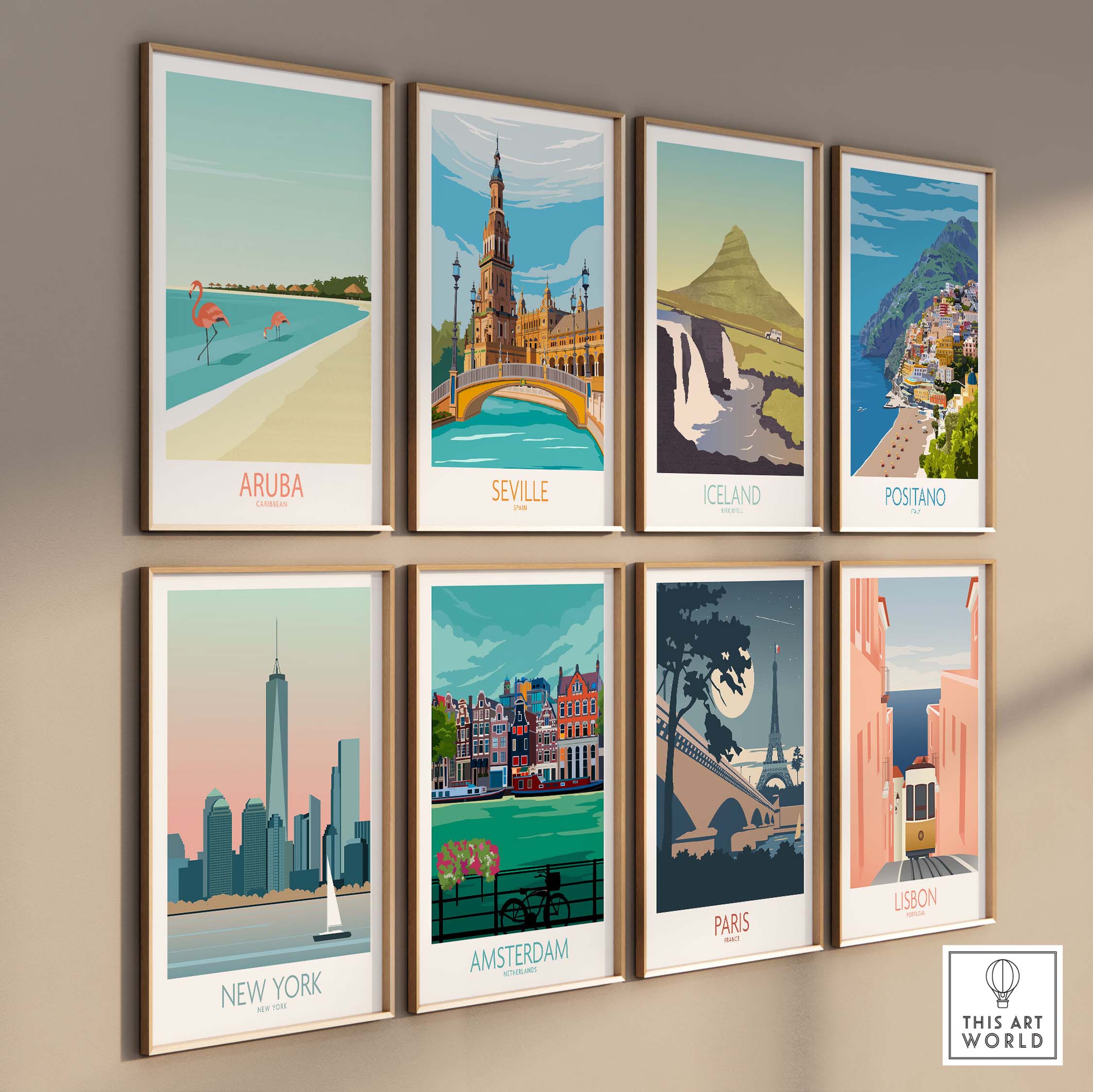 Aruba Caribbean Poster among vintage travel art prints featuring Seville, Iceland, Positano, New York, Amsterdam, Paris, and Lisbon.