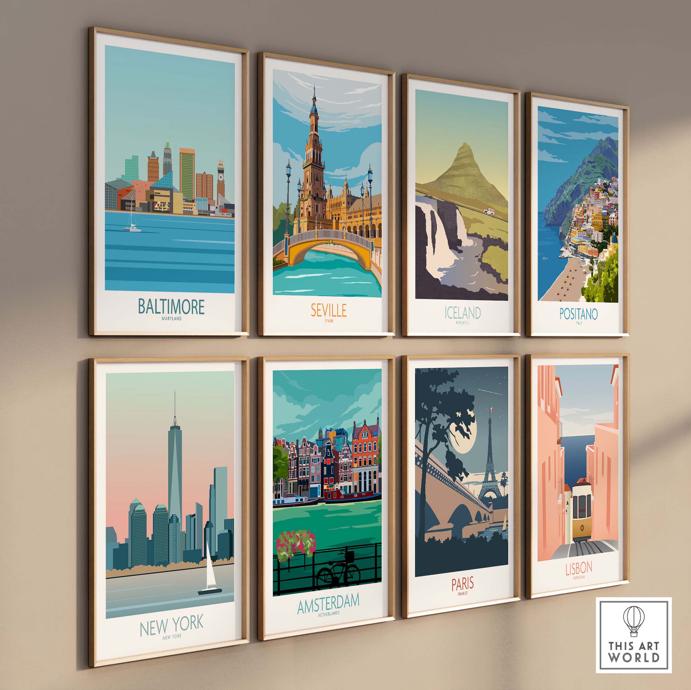 Gallery of vintage travel posters including Baltimore, Seville, Iceland, and more by This Art World.