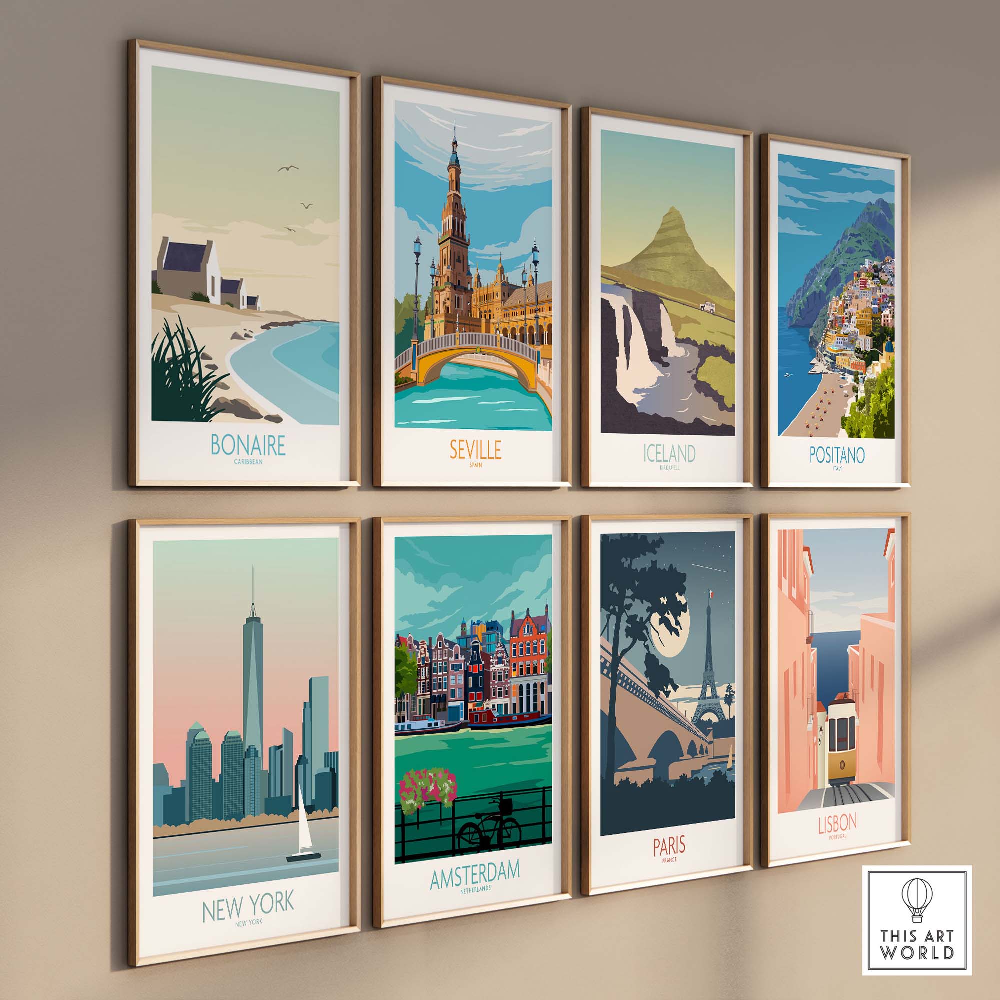 Colorful travel wall art prints featuring Bonaire, Seville, Iceland, Positano, New York, Amsterdam, Paris, and Lisbon.