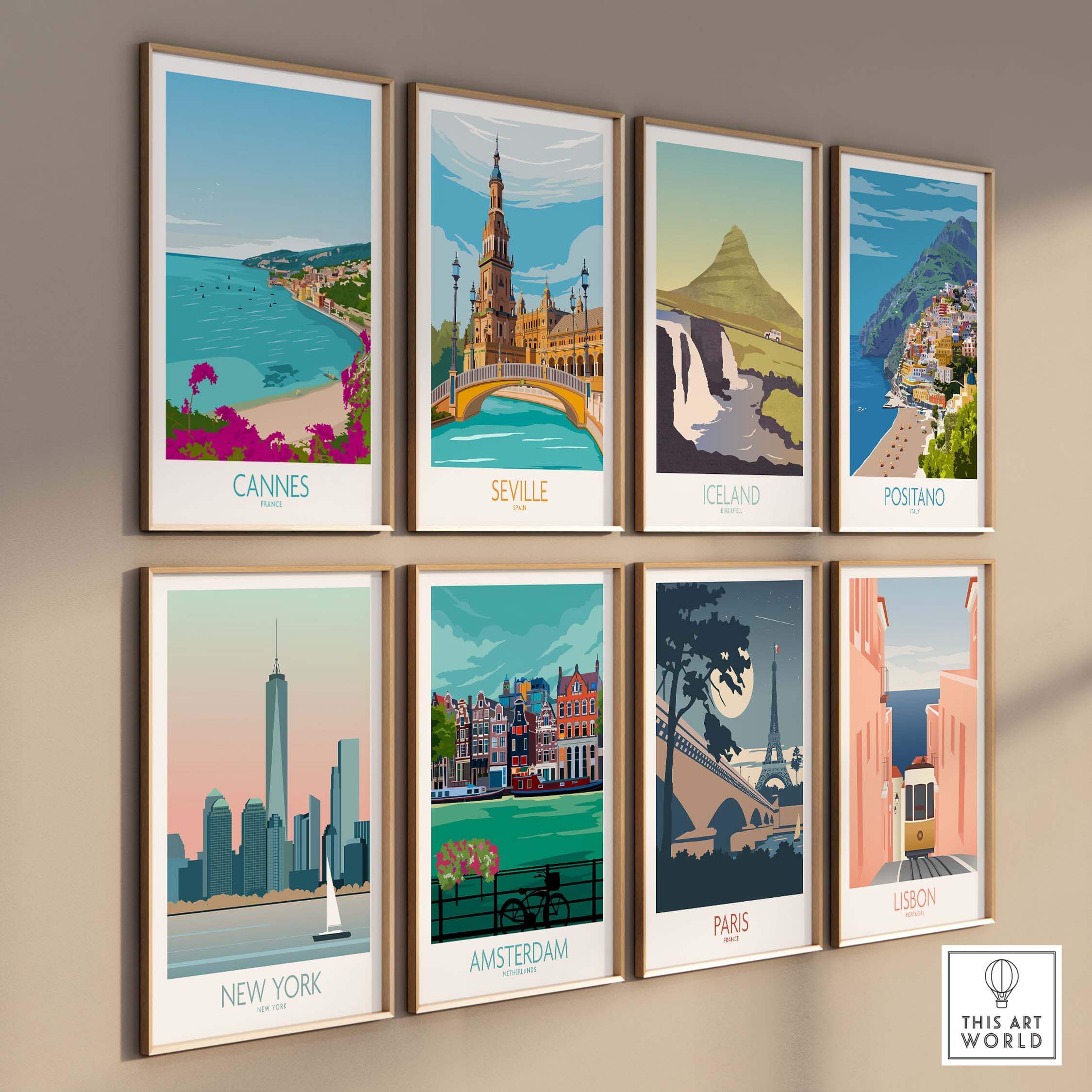 Gallery of travel prints featuring Cannes, Seville, Iceland, Positano, New York, Amsterdam, Paris, and Lisbon.