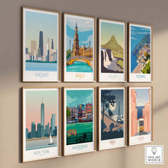 Chicago skyline print and vintage travel art collection displayed on a gallery wall, featuring iconic cityscapes.