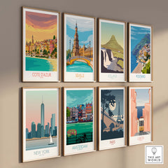 Gallery of vintage travel posters featuring Cote d'Azur, Seville, Iceland, Positano, New York, Amsterdam, Paris, and Lisbon.