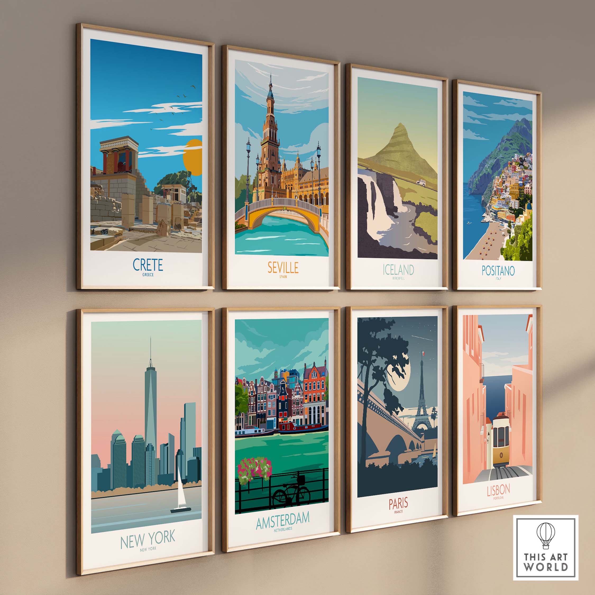 Gallery wall featuring travel posters of Crete, Seville, Iceland, Positano, New York, Amsterdam, Paris, and Lisbon.