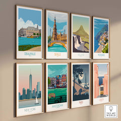 Collection of vintage travel poster prints featuring Deauville, Seville, Iceland, and more on a stylish wall display.