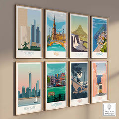 Stylish travel wall art featuring Detroit, Seville, Iceland, Positano, New York, Amsterdam, Paris, and Lisbon prints.