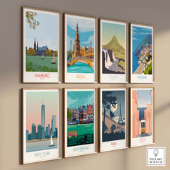 Collection of vintage travel posters featuring Hamburg, Seville, New York, and more in minimalist frames.