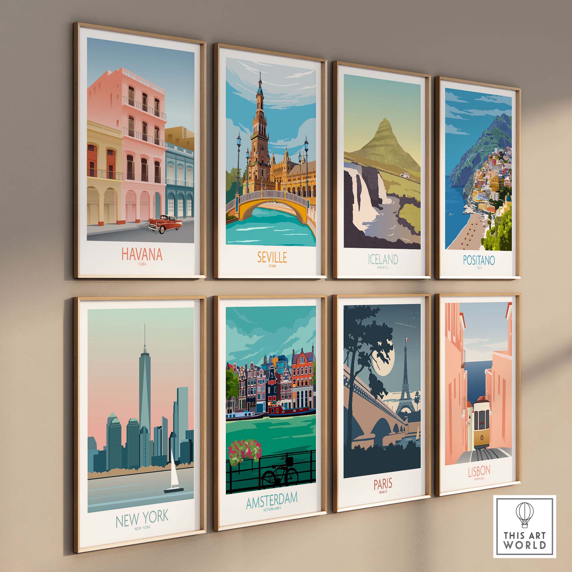 Collection of vintage travel wall art prints featuring Havana, Seville, Iceland, Positano, New York, Amsterdam, Paris, and Lisbon.