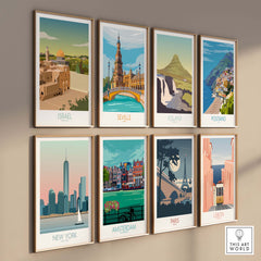 Collection of travel posters featuring Israel, Seville, Iceland, Positano, New York, Amsterdam, Paris, and Lisbon.