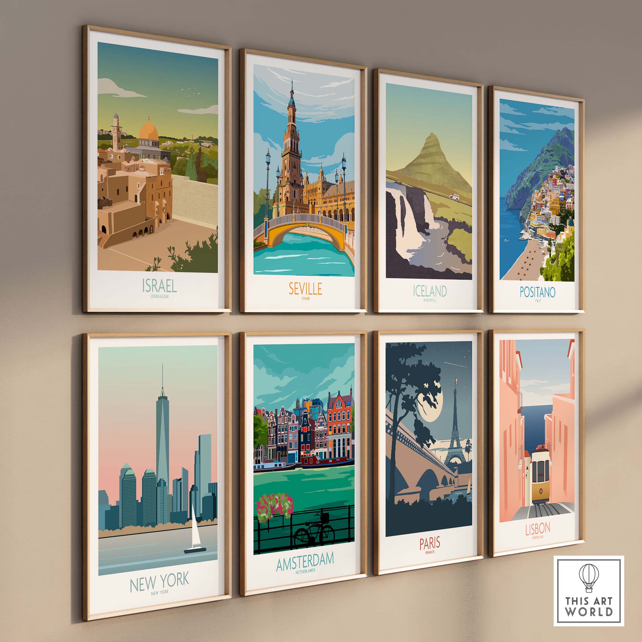 Collection of travel posters featuring Israel, Seville, Iceland, Positano, New York, Amsterdam, Paris, and Lisbon.