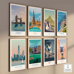 Gallery of vintage-inspired travel posters: London, Seville, Iceland, Positano, New York, Amsterdam, Paris, Lisbon.