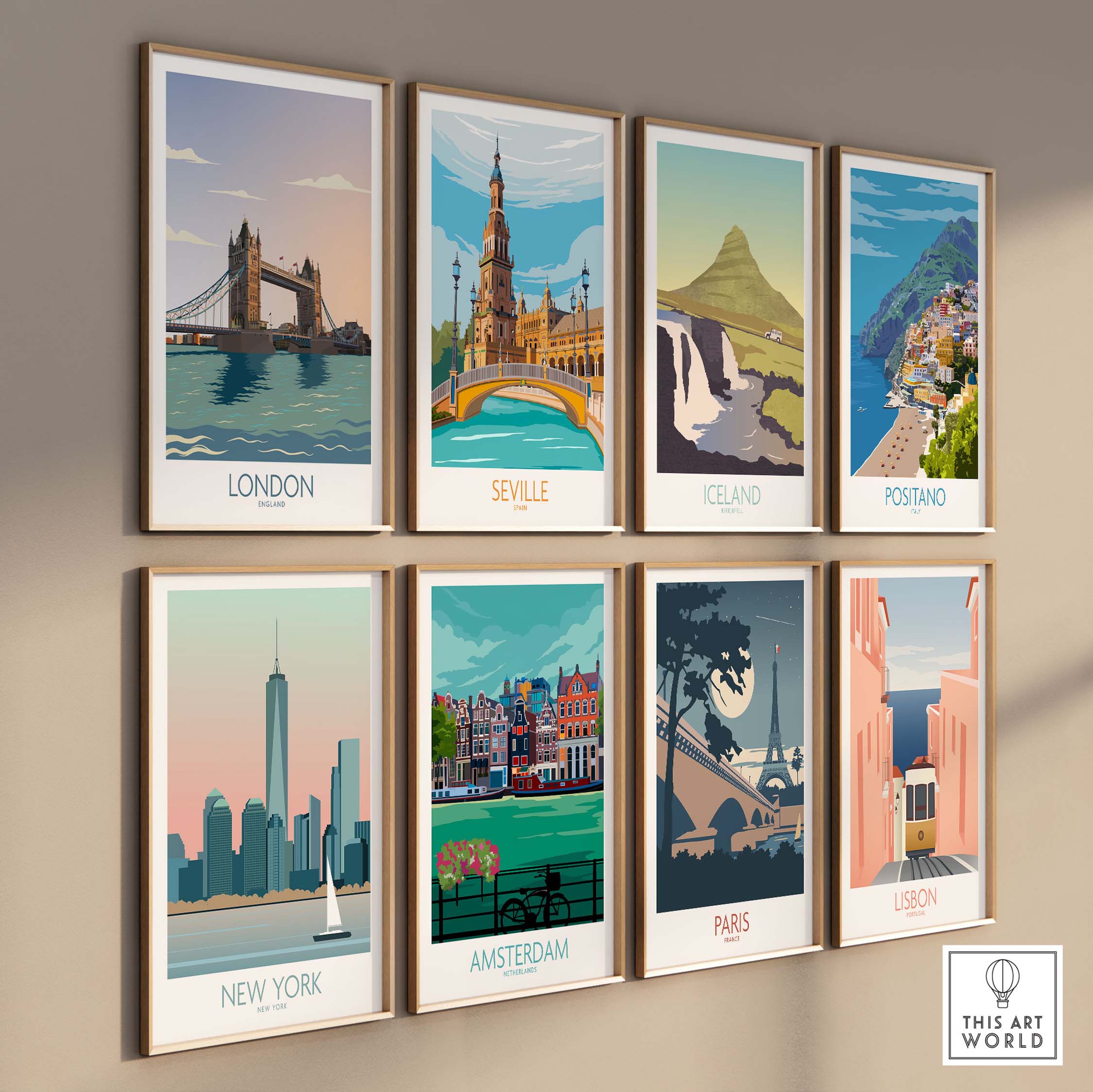 Gallery of vintage-inspired travel posters: London, Seville, Iceland, Positano, New York, Amsterdam, Paris, Lisbon.