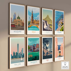 Collection of vintage travel posters featuring Melbourne, Seville, Iceland, and more, in minimalist frames, showcasing stylish wall art.