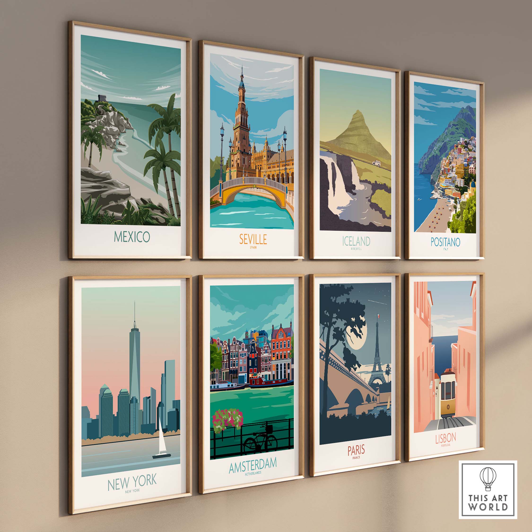 Collection of vintage-style travel posters featuring destinations like Mexico, Seville, Iceland, and New York.