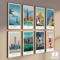 A collection of vintage travel posters featuring Miami, Seville, Iceland, Positano, New York, Amsterdam, Paris, and Lisbon.