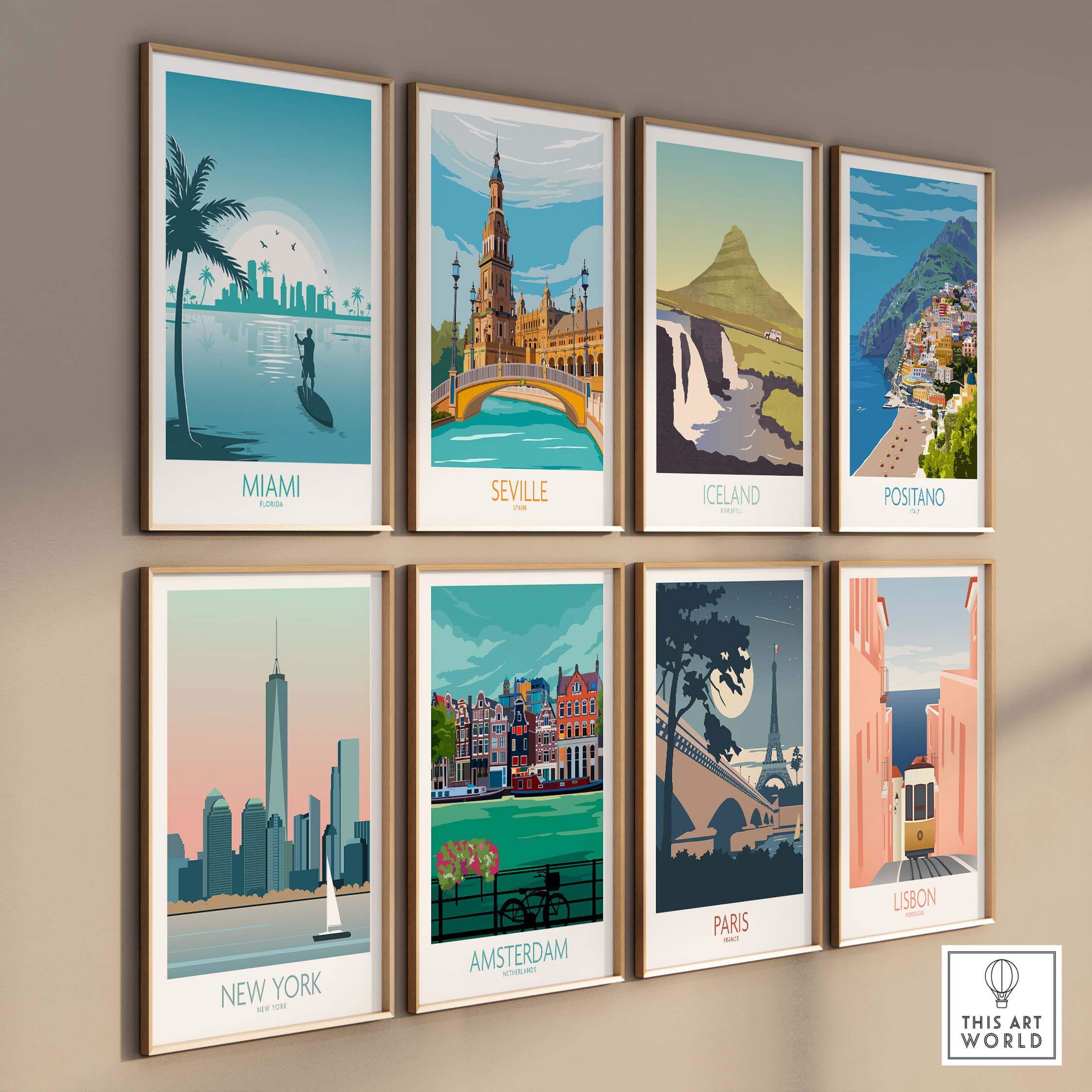 A collection of vintage travel posters featuring Miami, Seville, Iceland, Positano, New York, Amsterdam, Paris, and Lisbon.