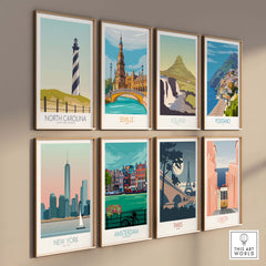 Gallery of vintage travel posters including North Carolina, Seville, Iceland, and more, showcasing minimalist wall art.